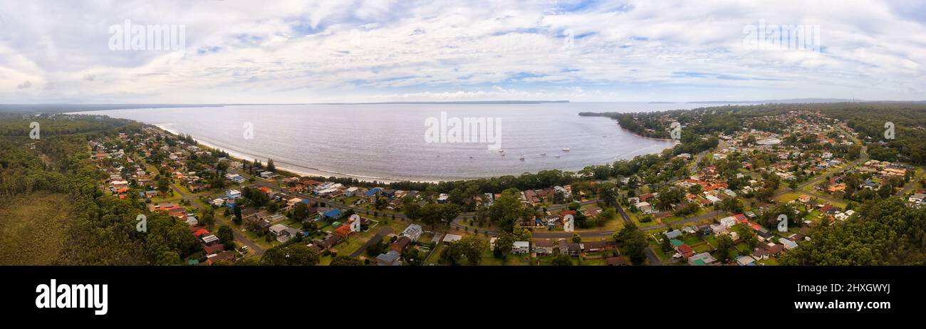 Scenic holiday coast of Jervis bay around Vincentia town wide aerial