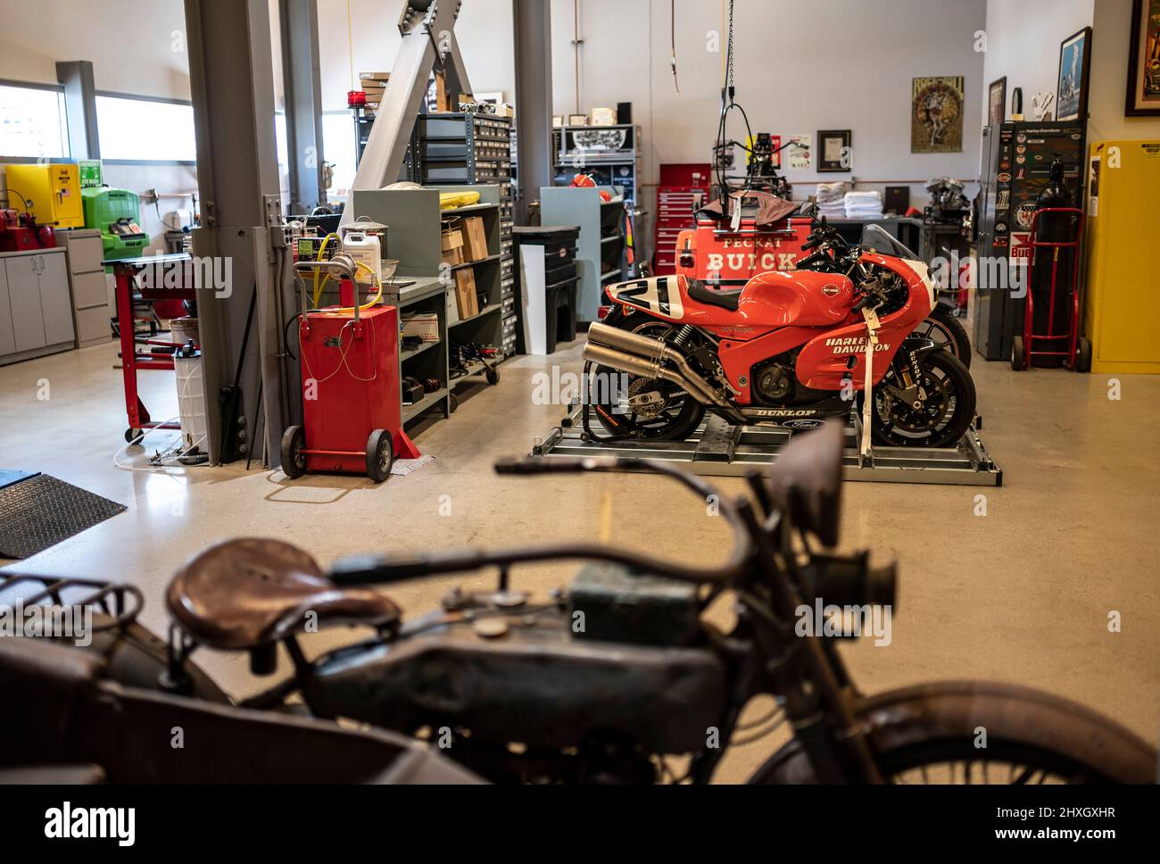 workshop used to restore and preserve the Harley-Davidson collection located at the Harley-Davidson museum in Milwaukee, Wisconsin, USA Stock Photo