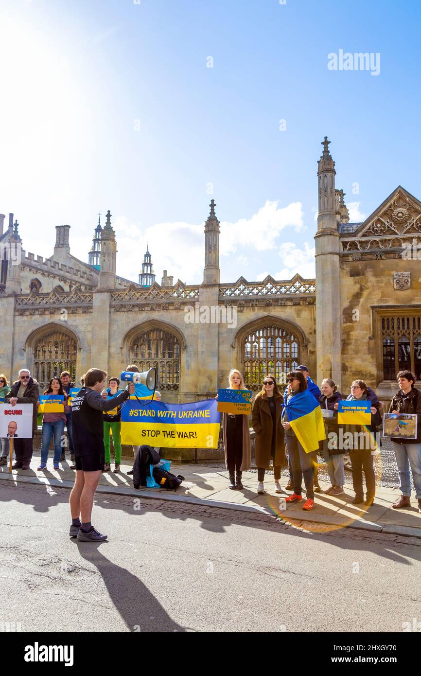 12 March 2022 - Cambridge, UK, Protesters protesting against the Russian invasion of Ukraine outside King's College Stock Photo