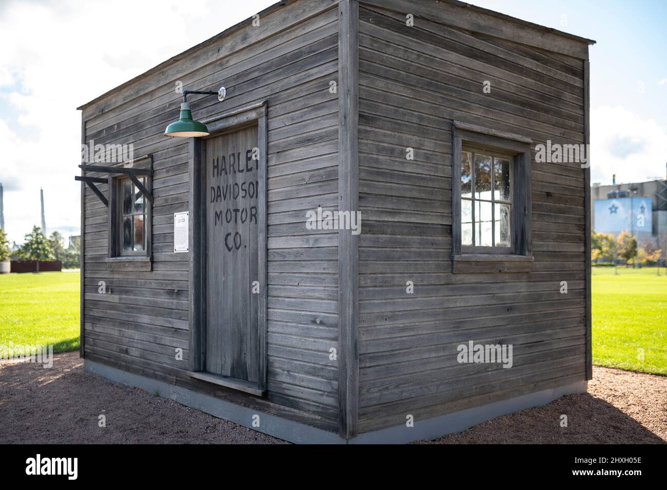 replica of the 'The Shed' showing the first home of the Harley-Davidson located outside the Harley-Davidson museum in Milwaukee, Wisconsin, USA Stock Photo