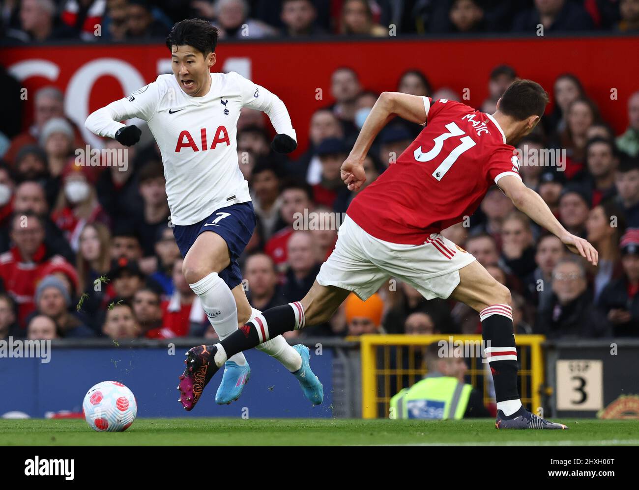 Manchester, England, 12th March 2022.  Nemanja Matic of Manchester United challenges Heung-Min Son of Tottenham during the Premier League match at Old Trafford, Manchester. Picture credit should read: Darren Staples / Sportimage Stock Photo