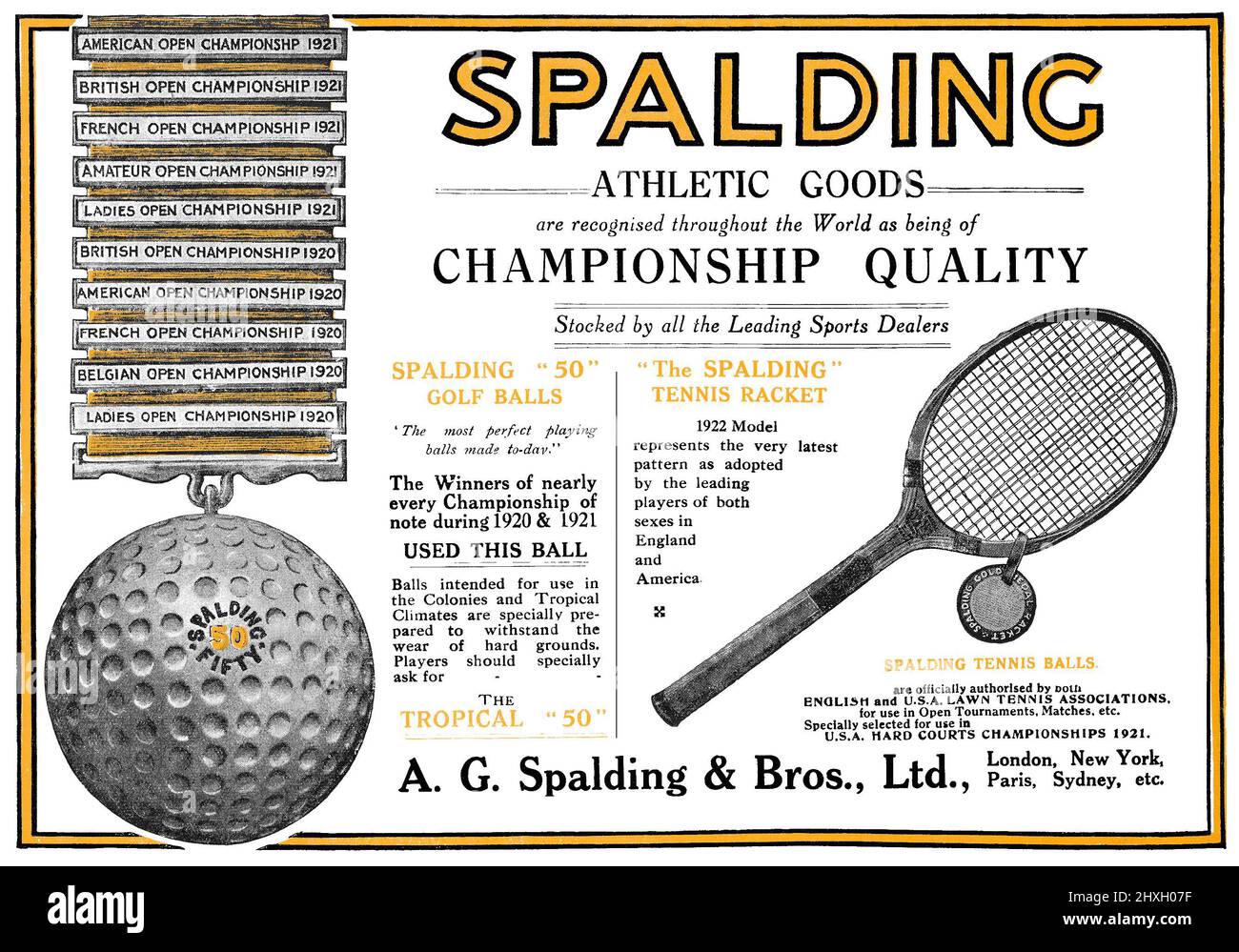 1922 Indian advertisement for Spalding sports equipment. Stock Photo