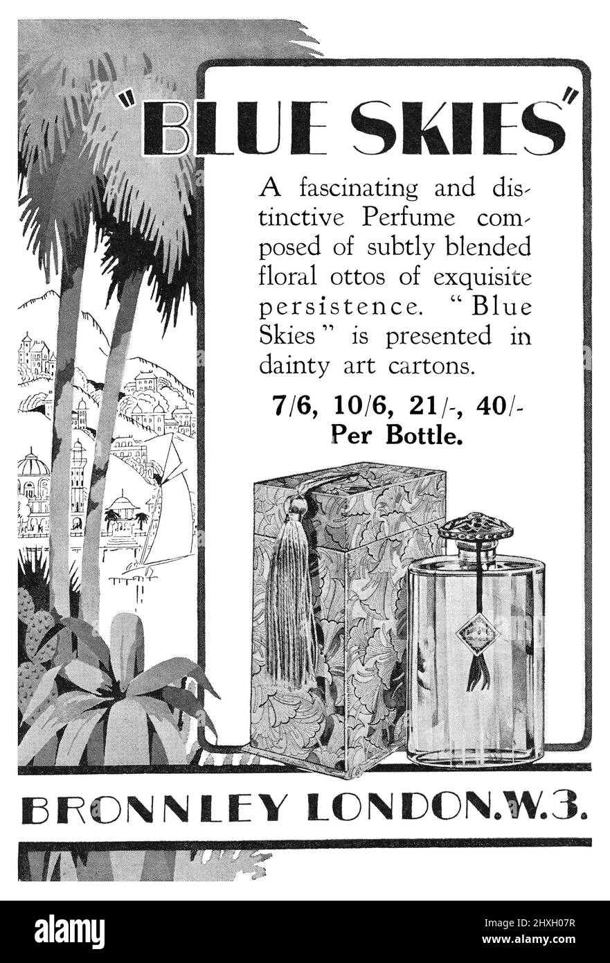 1929 British advertisement for Blue Skies perfume by Bronnley. Stock Photo