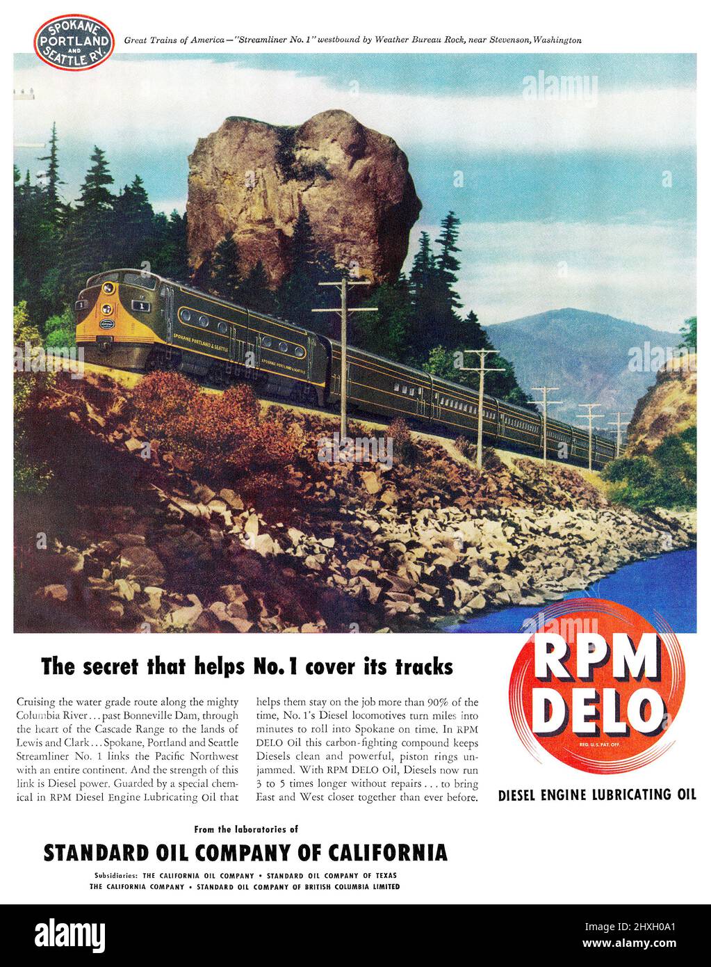 1949 U.S. advertisement for RPM DELO Oil by Standard Oil of California, showing a Diesel locomotive Streamliner No. 1. Stock Photo