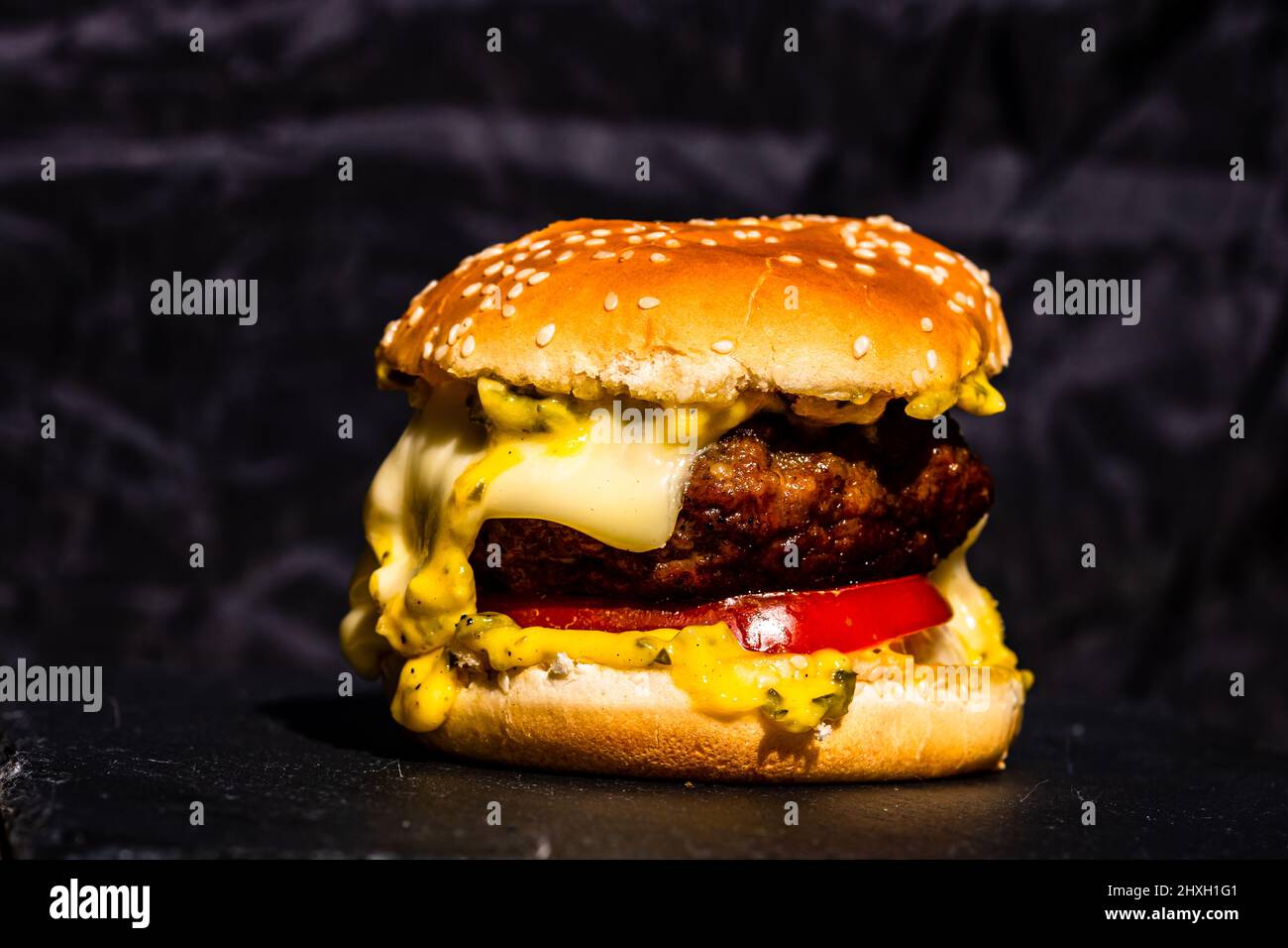 Detail of fresh tasty beef cheeseburger with melted cheese isolated on ...