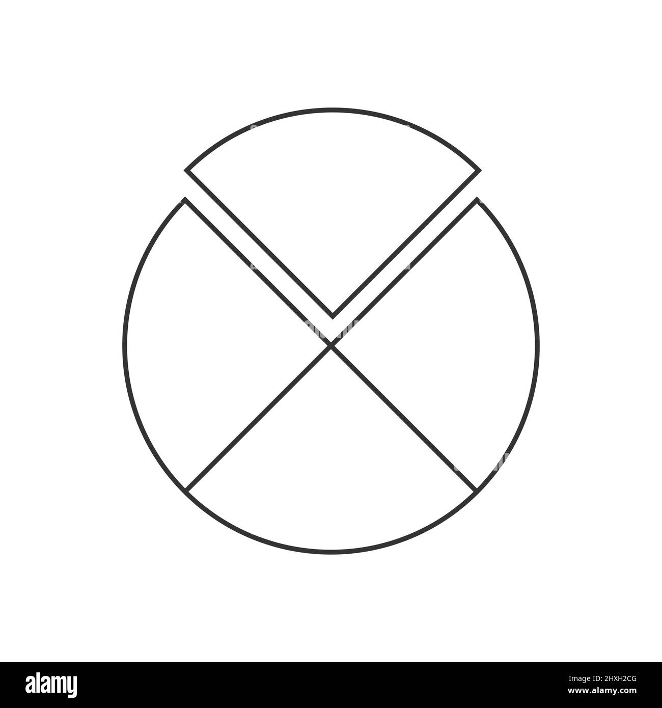 Circle divided into 4 segments. Pie or pizza shape cut in four equal parts in outline style. Round statistics chart example isolated on white background. Vector linear illustration Stock Vector