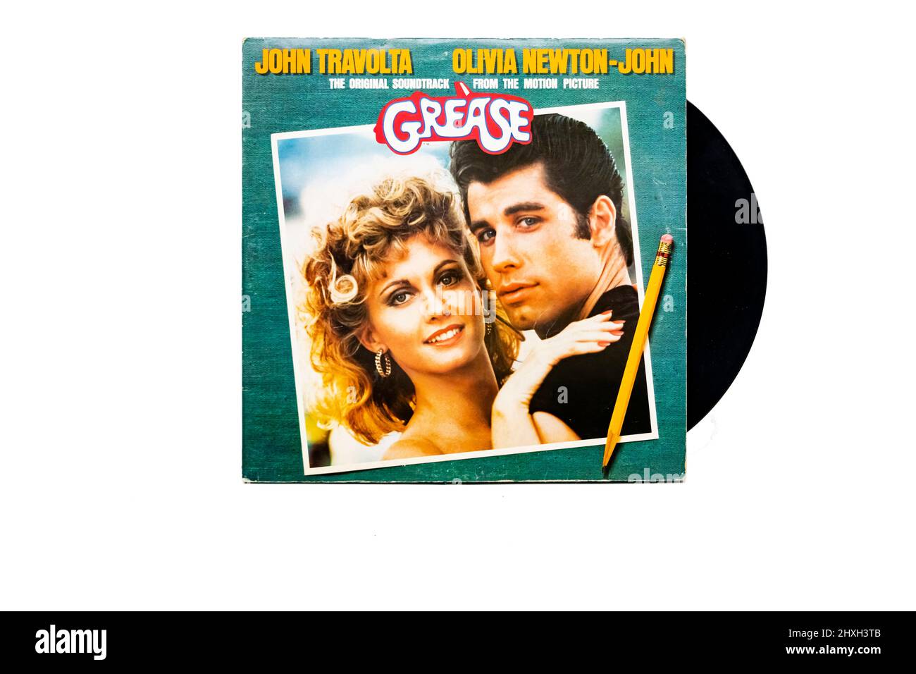 Grease musical vinyl LP record cover featuring Travolta. and Olivia newton john Stock Photo