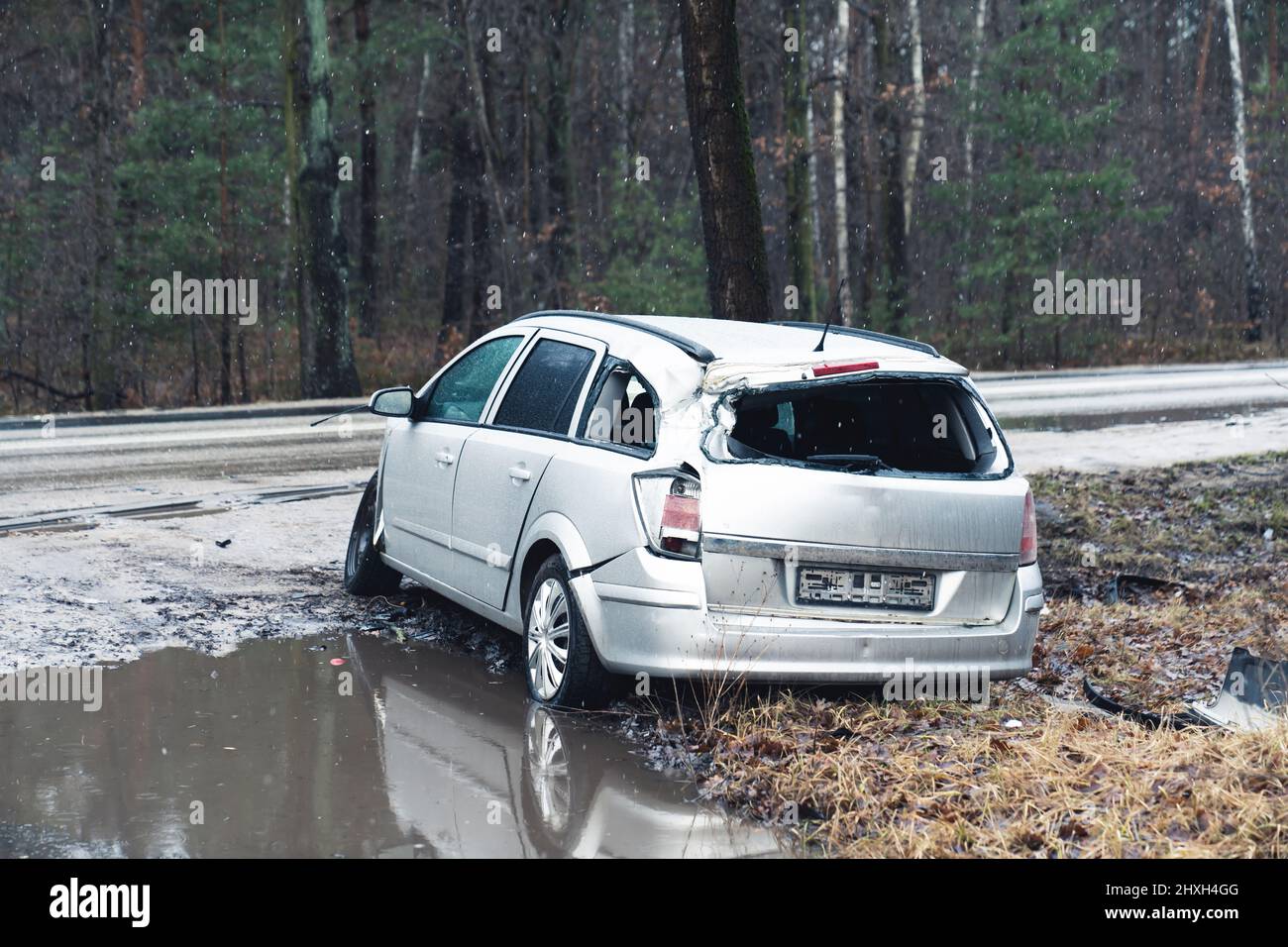 Disastrous family suv at countryside Poland woods . High quality photo Stock Photo