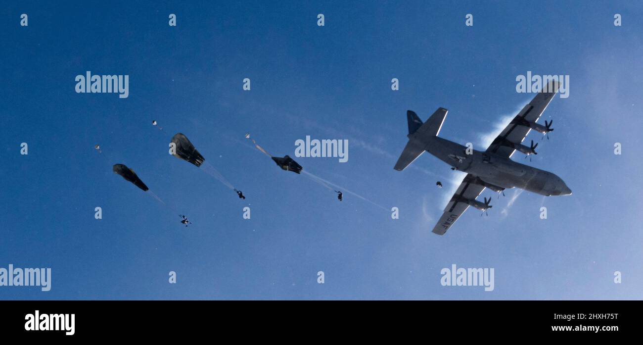 Members of the United States Army Alaska along with members of the 3rd Battalion, Royal 22e Régiment Canadian Army parachute to the ground after jumping out of C-130 and C-17 aircrafts over the training area of Fort Greenly in Alaska USA during Exercise Joint Pacific Multinational Readiness Center 22-02 on March 12, 2022.  Please Credit Master Sailor Dan Bard Canadian Forces Combat Camera Stock Photo