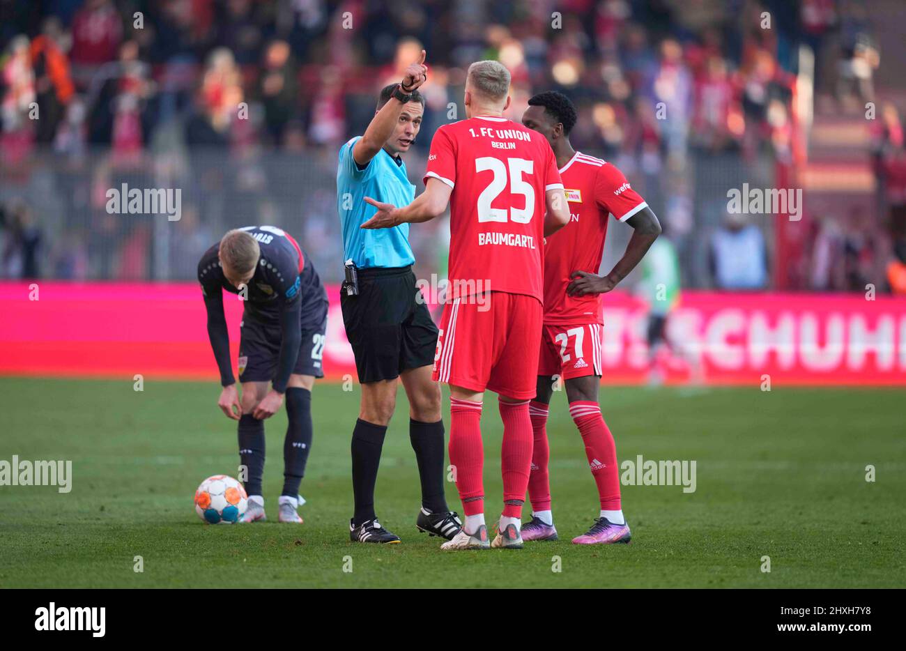 March 12, 2022: Timo Baumgartl of Union Berlin getting told off by referee  during Union Berlin v VfB Stuttgart, at An der Alten Försterei, Berlin,  Germany. Kim Price/CSM/Sipa USA.(Credit Image Stock Photo -