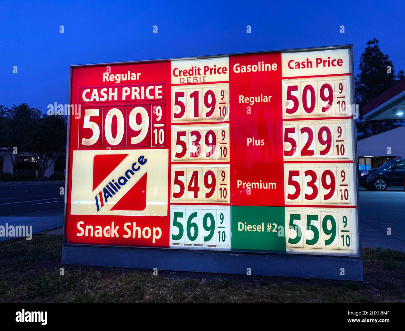 Gas station price sign. The average gasoline price in California