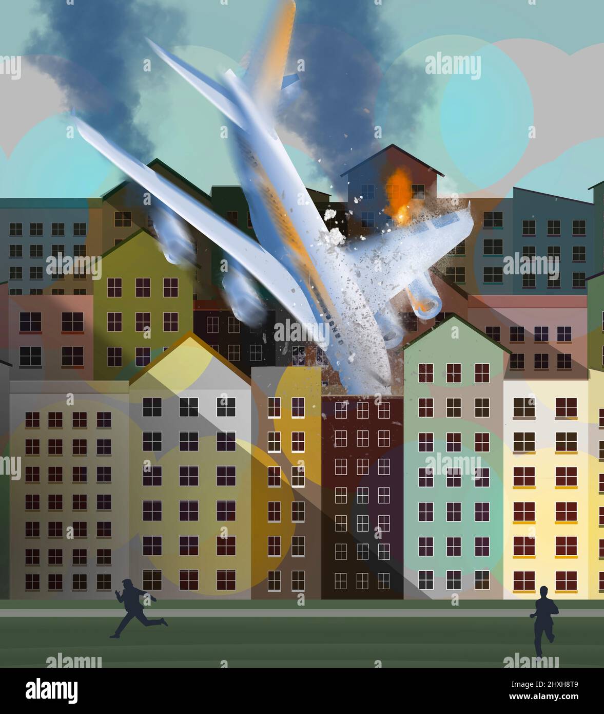 Here is a clean look at an airplane crashing into an urban area in a 3-d illustration that sanitizes the horror a bit. Stock Photo