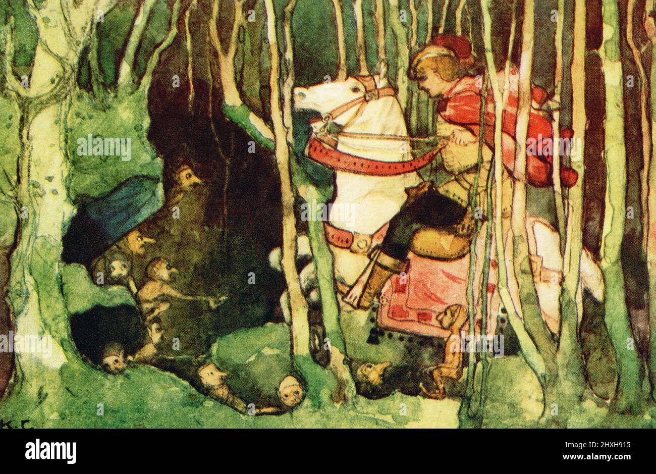 The caption for this 1917 illustration reads: “I saw in a great cavern a group of little goblins - Undine by Friedrich Baron de la Motte Fouque adapted by Mary MacGregor.” The image illustrates Undine, a fairytale novella by Friedrich de la Motte Fouqué in which Undine, a water spirit, marries a knight named Huldebrand in order to gain a soul. Published in 1811, it is an early German romance, which has been translated into English and other languages. Stock Photo