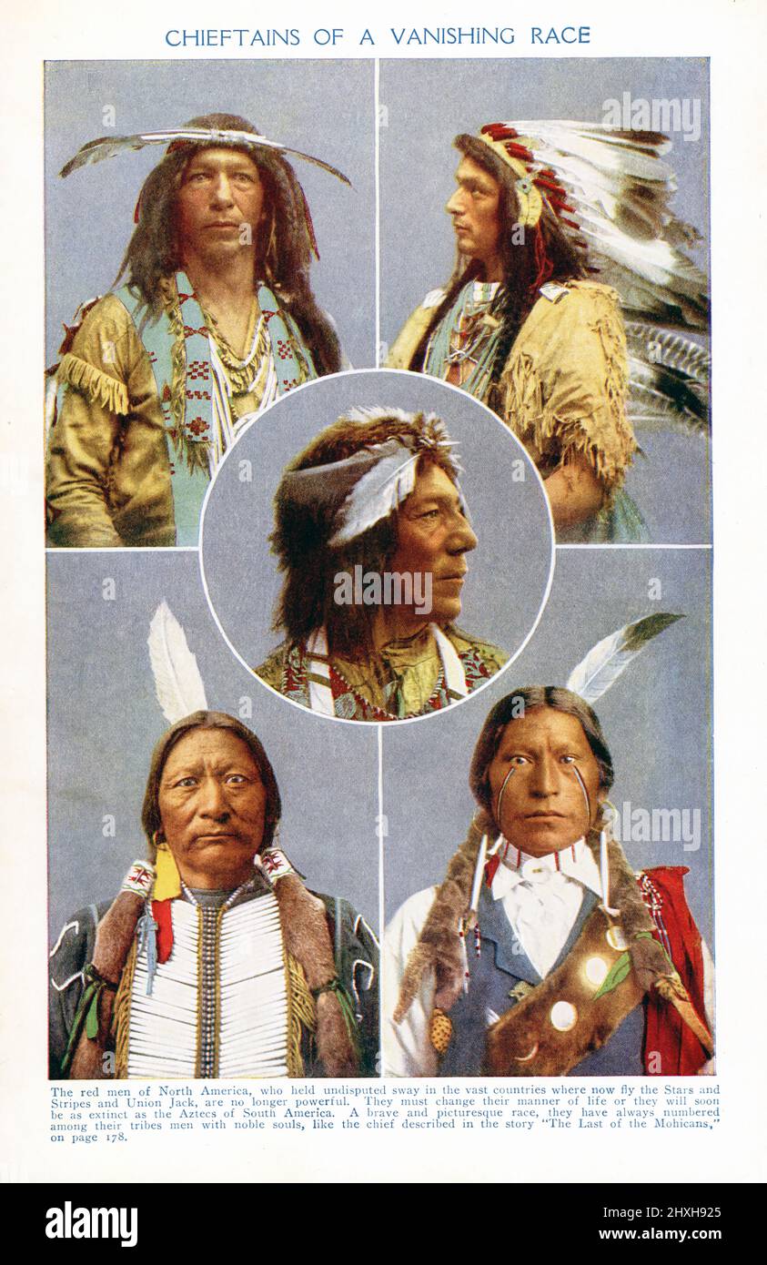 The 1912 caption for this image reads: “Chieftains of a Vanishing Race. The red men of North America who held undisputed sway in the vast countries where now fly the Stars and Stripes and Union Jack are no longer powerful. They must change their manner of life or they soon be as extinct as the Aztecs of South America. A brave and picturesque race, they have always numbered among their tribes men with noble souls.” Stock Photo