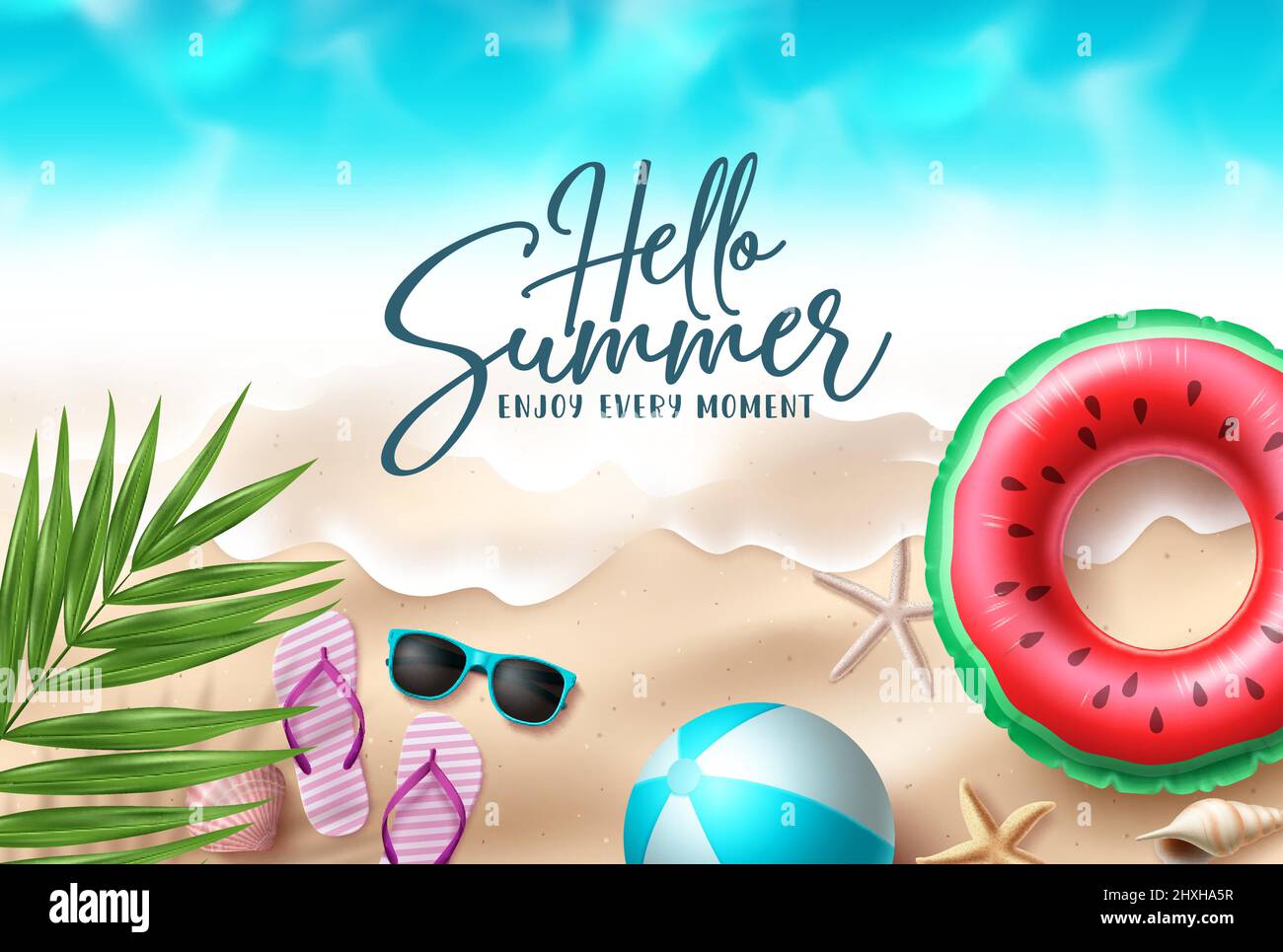 Hello summer vector design. Summer seaside beach top view background for holiday outdoor vacation. Vector illustration. Stock Vector