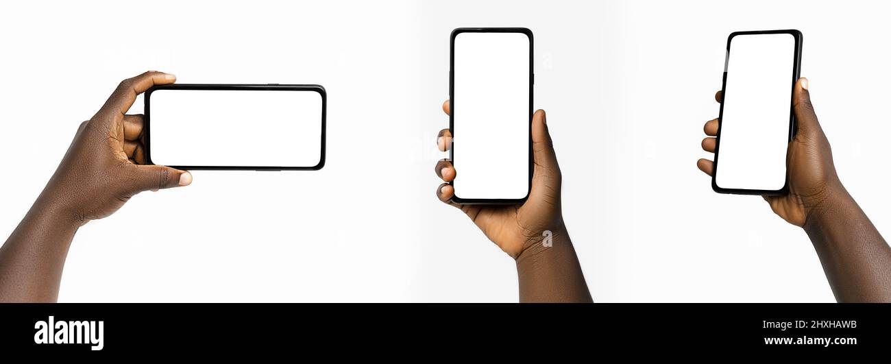 set of Black hand holding phone facing camera isolated on white background. blank screen, phone