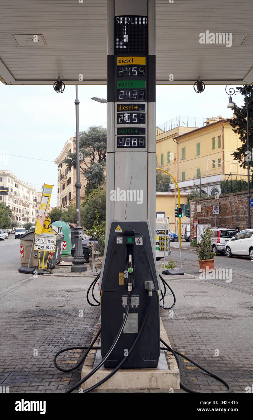 Rome, Italy. 12th Mar, 2022. A price board is seen at a gas station in