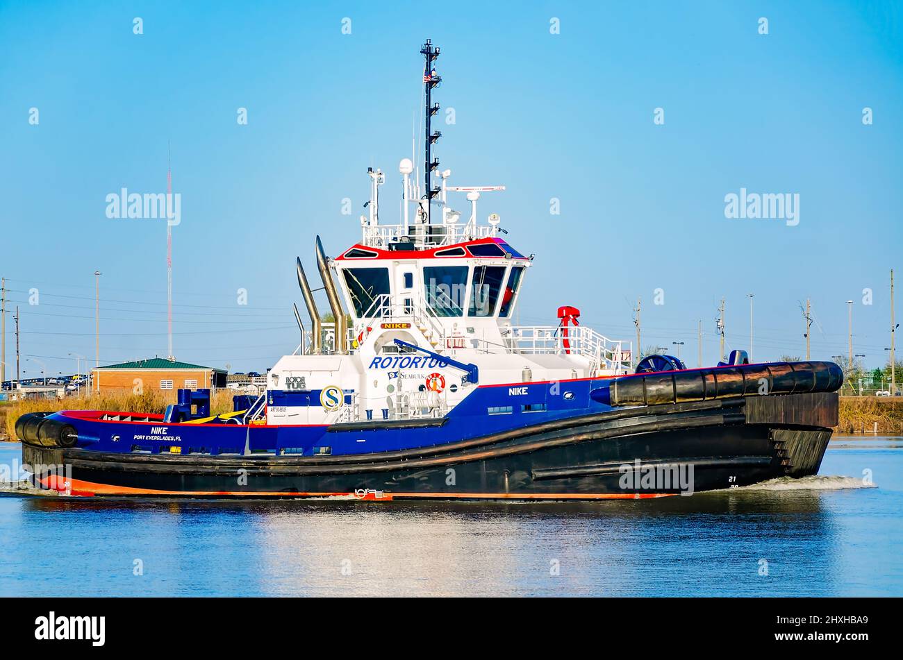 Nike, a Rotortug tugboat owned by Seabulk Towing, travels along the Mobile River near the Port of Mobile, March 10, 2022, in Mobile, Alabama. Stock Photo