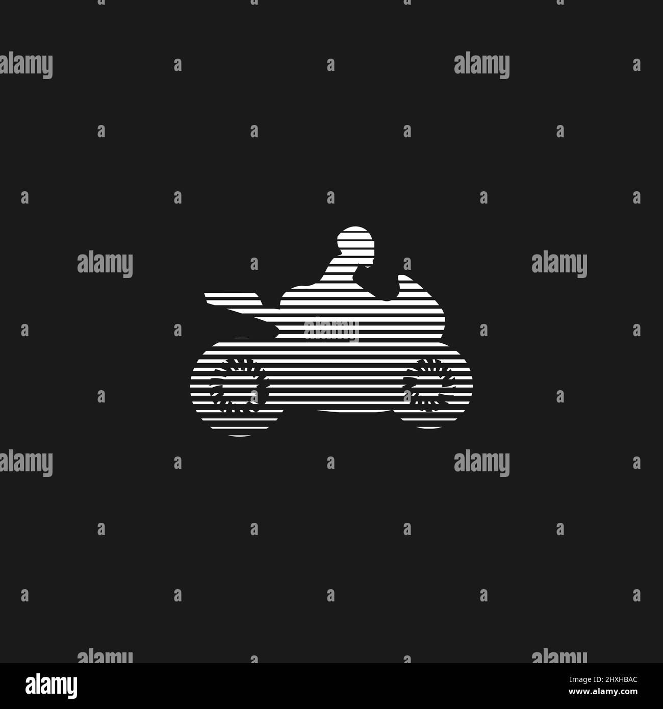 Retrowave sexy woman motorcyclist 1980s style with stripes. Synthwave black and white striped hot woman motorcyclist silhouette. Design element for Stock Vector