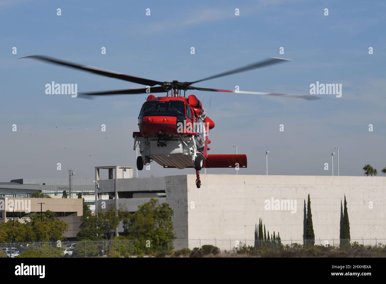 San Diego Fire Rescue Copter 3 takeoff at Montgomery Airport, San Diego, California Stock Photo