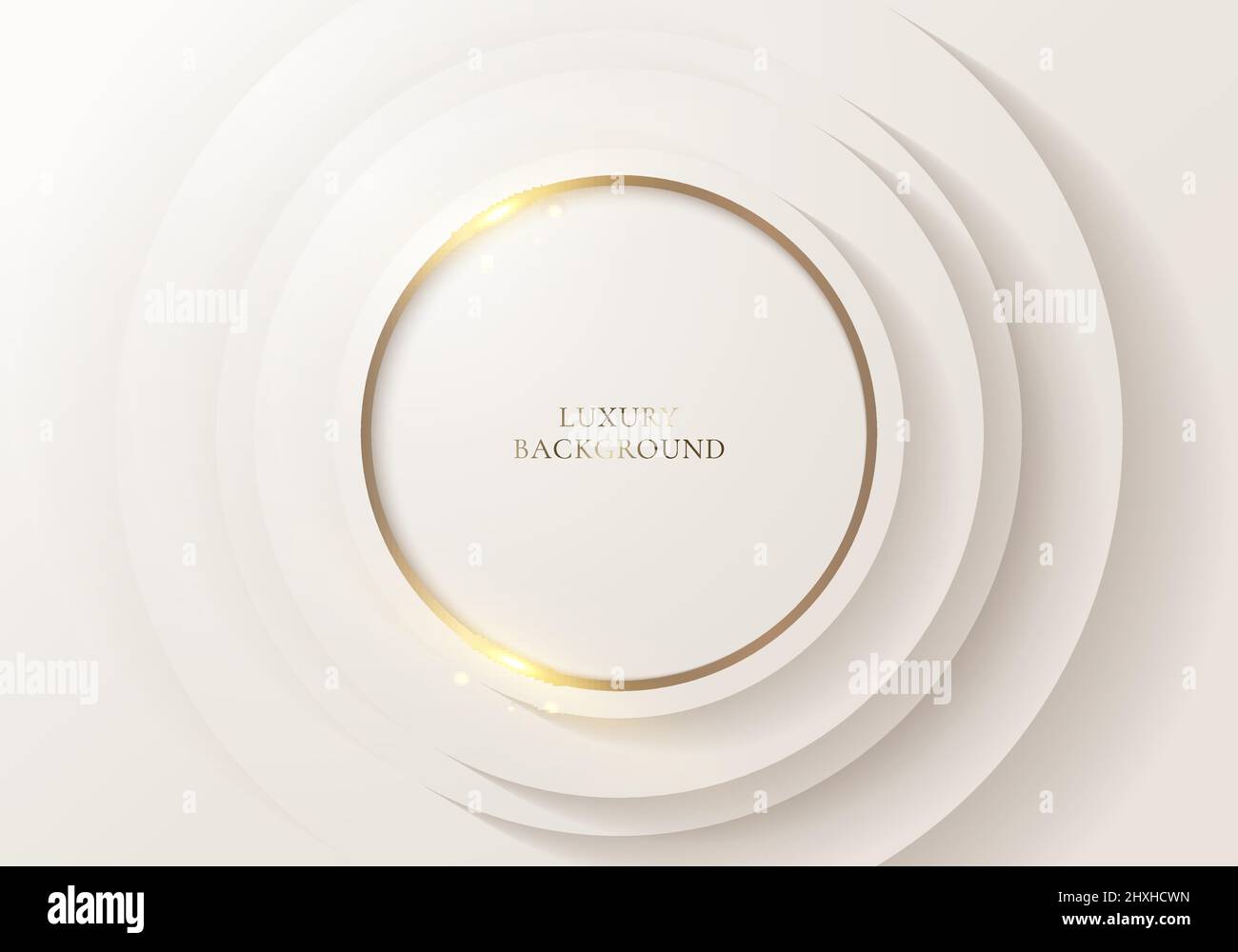 Abstract elegant 3D white circles layer with golden ring and lighting effect on clean background luxury style. Vector illustration Stock Vector