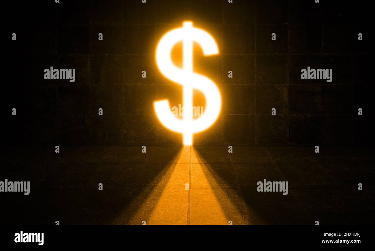Dollar Sign Light Door in dark Concrete Room. Business Finance and Financial Freedom Concept. No people Stock Photo
