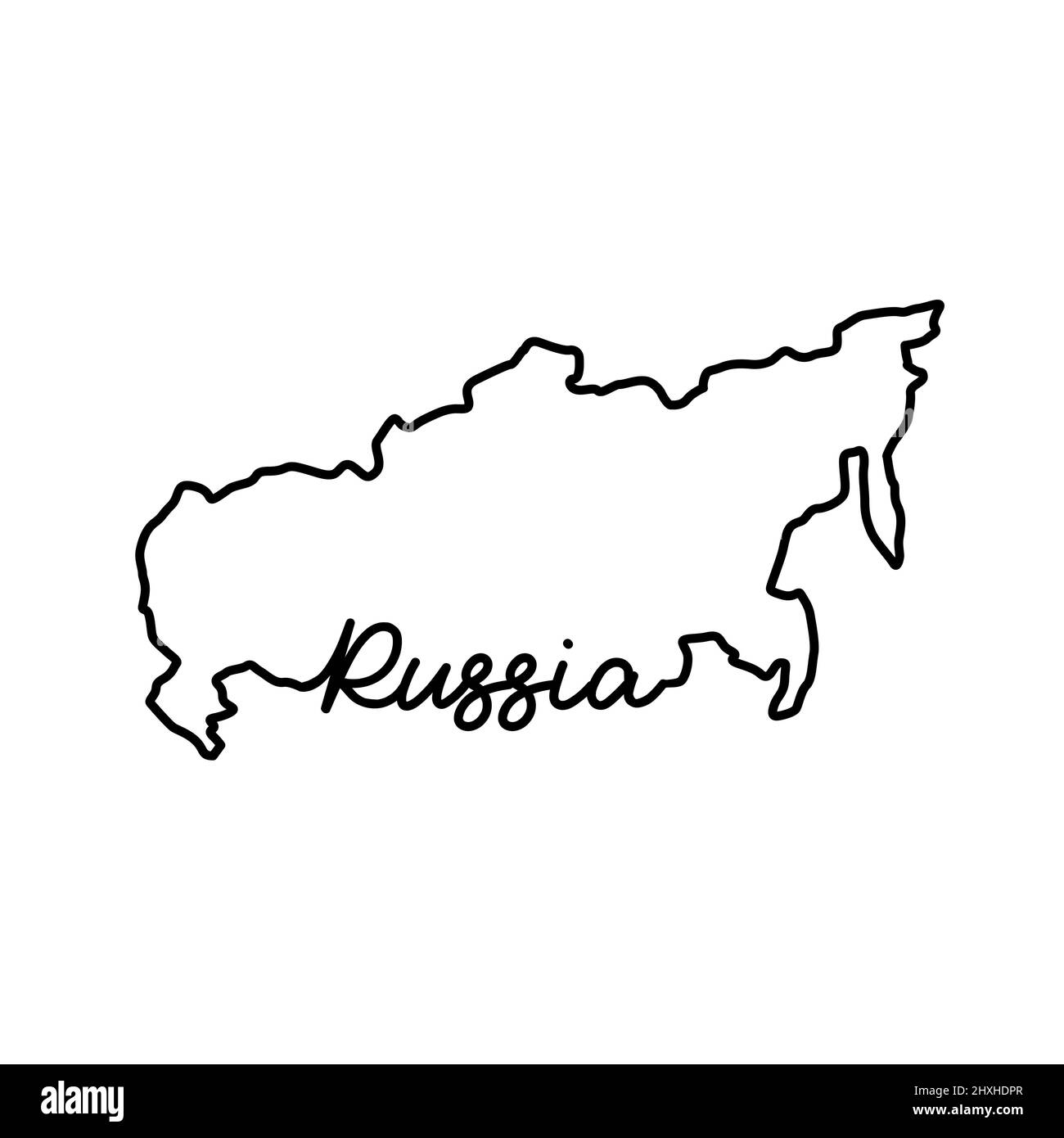 Russia outline map with the handwritten country name. Continuous line drawing of patriotic home sign. A love for a small homeland. T-shirt print idea. Stock Vector