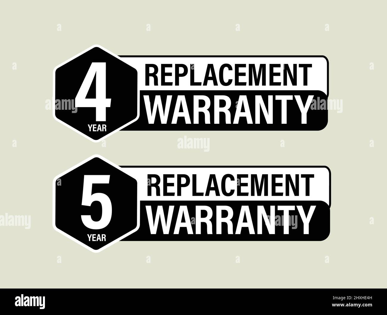 4 year replacement warranty, 5 years replacement warranty vector icon set. black and white Stock Vector