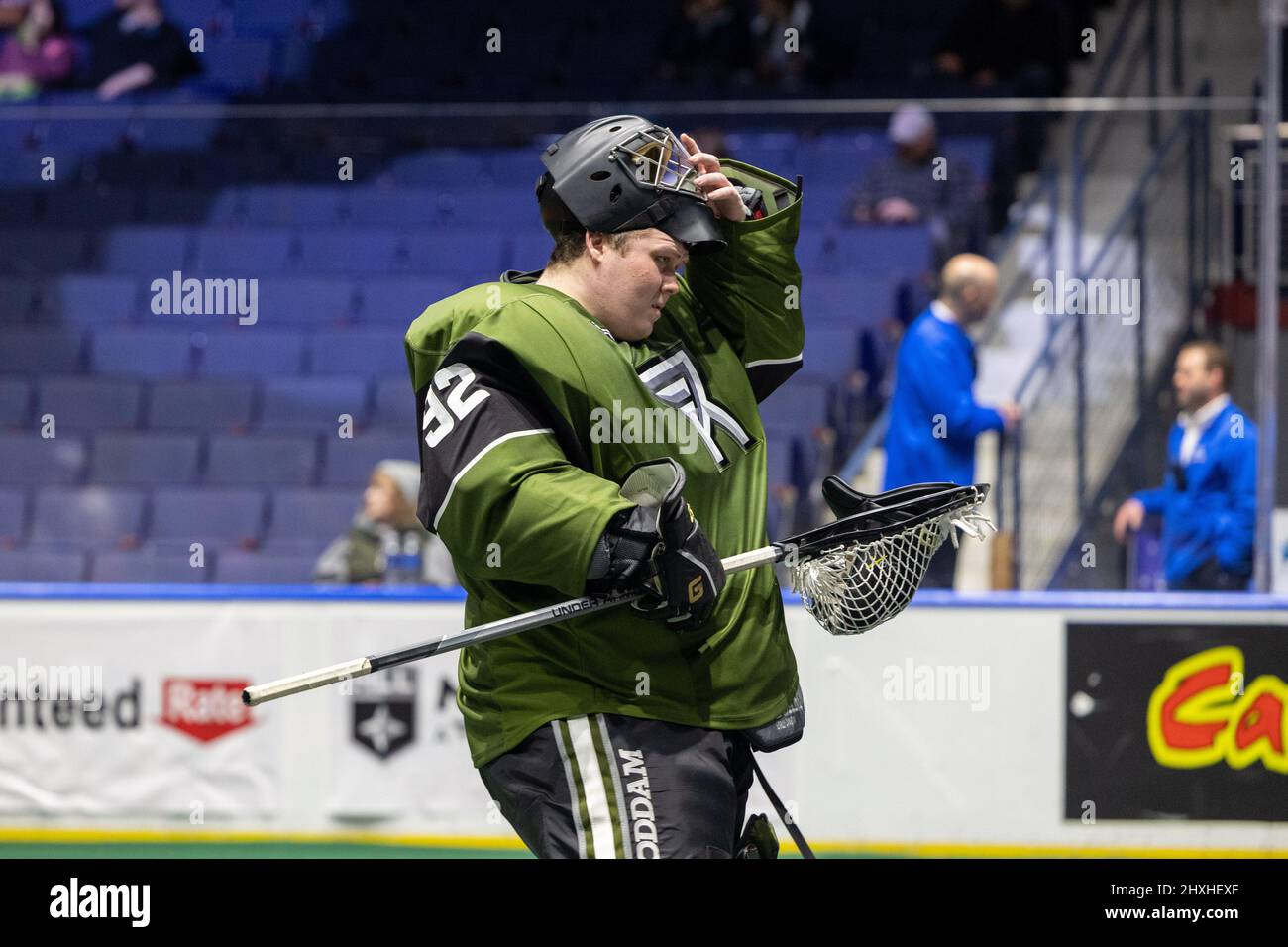 March 12, 2022: Rochester Knighthawks goaltender Joel Watson (92) prepares for the fourth quarter against the New York Riptide. The Rochester Knighthawks hosted the New York Riptide in a National Lacrosse League game at the Blue Cross Arena in Rochester, New York. (Jonathan Tenca/CSM) Stock Photo