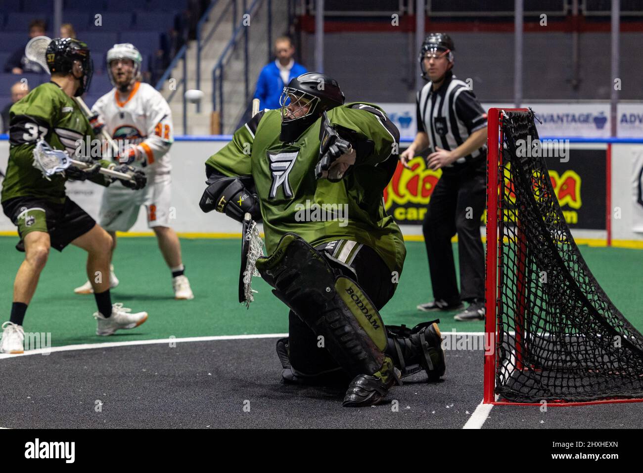 March 12, 2022: Rochester Knighthawks goaltender Joel Watson (92) makes a save in the fourth quarter against the New York Riptide. The Rochester Knighthawks hosted the New York Riptide in a National Lacrosse League game at the Blue Cross Arena in Rochester, New York. (Jonathan Tenca/CSM) Stock Photo