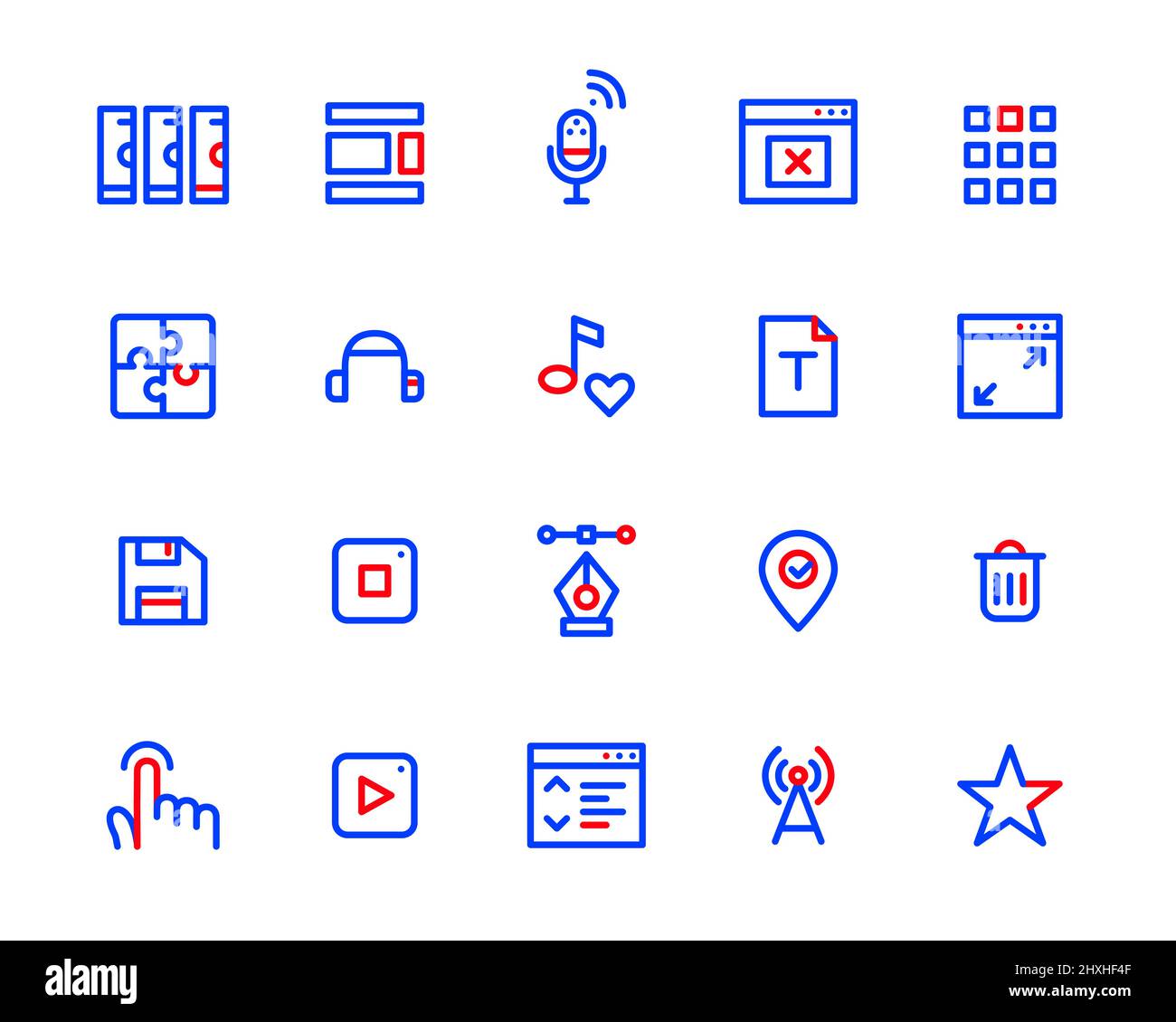 Simple 2 color line art icons set. Server, layouts, tap, wifi, favorite, floppy disk and other. Pixel perfect, editable stroke Stock Vector