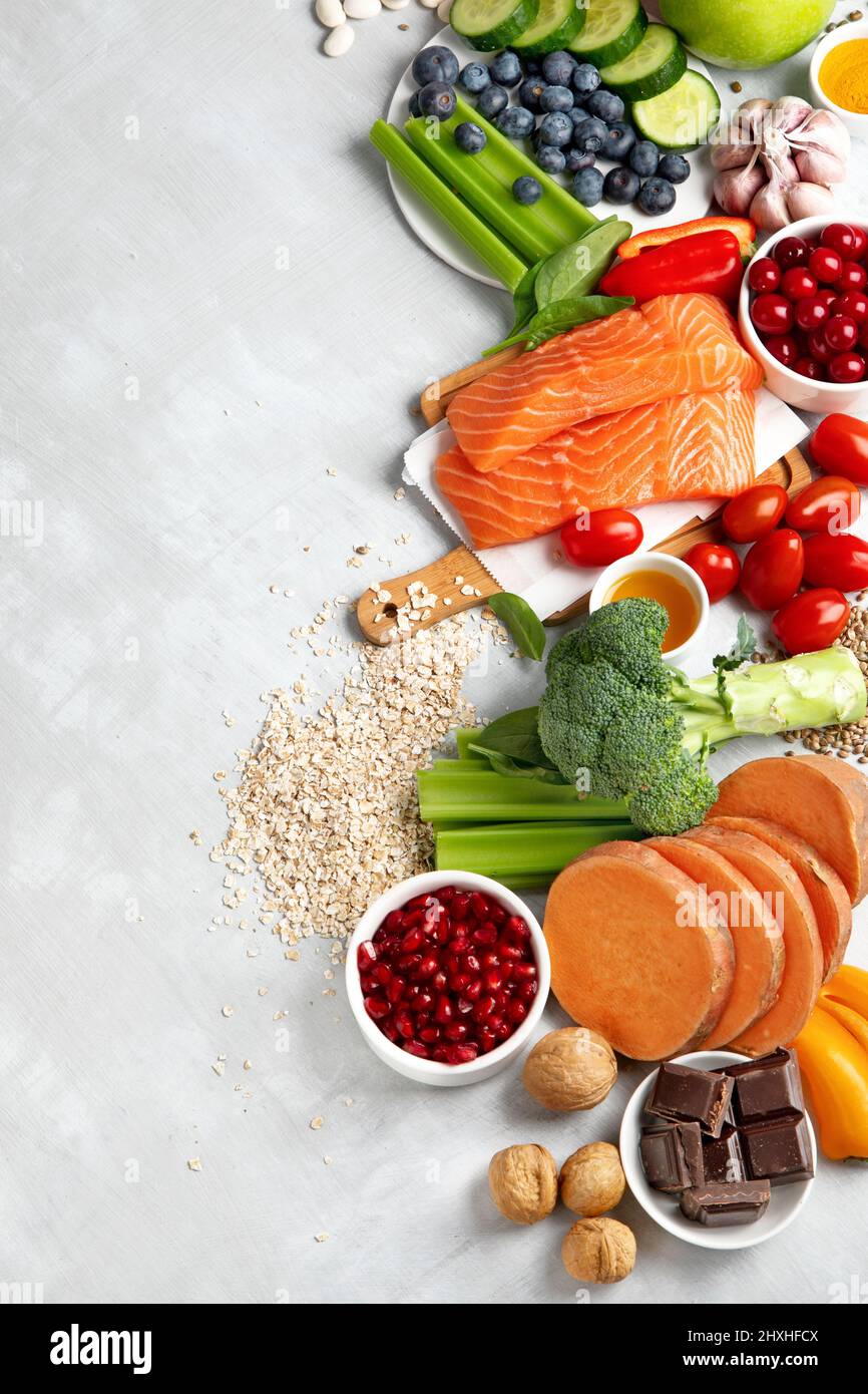 Anti Aging foods on light background. Food for healthy heart, brain and