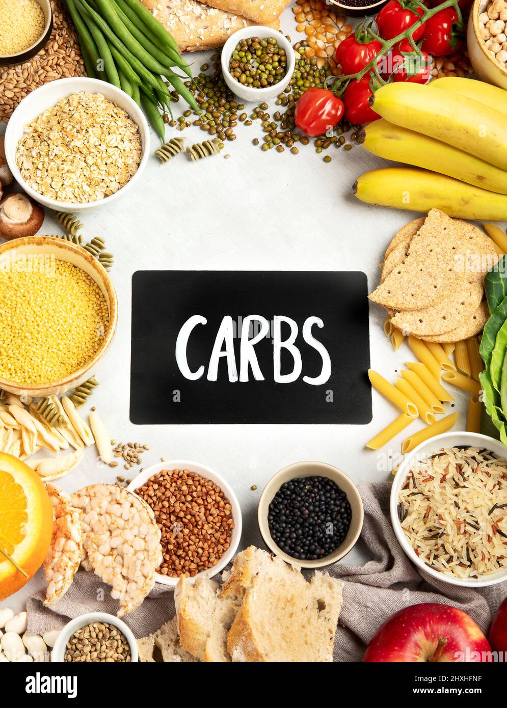 Selection of good carbohydrates sources vegetables, fruits, grains