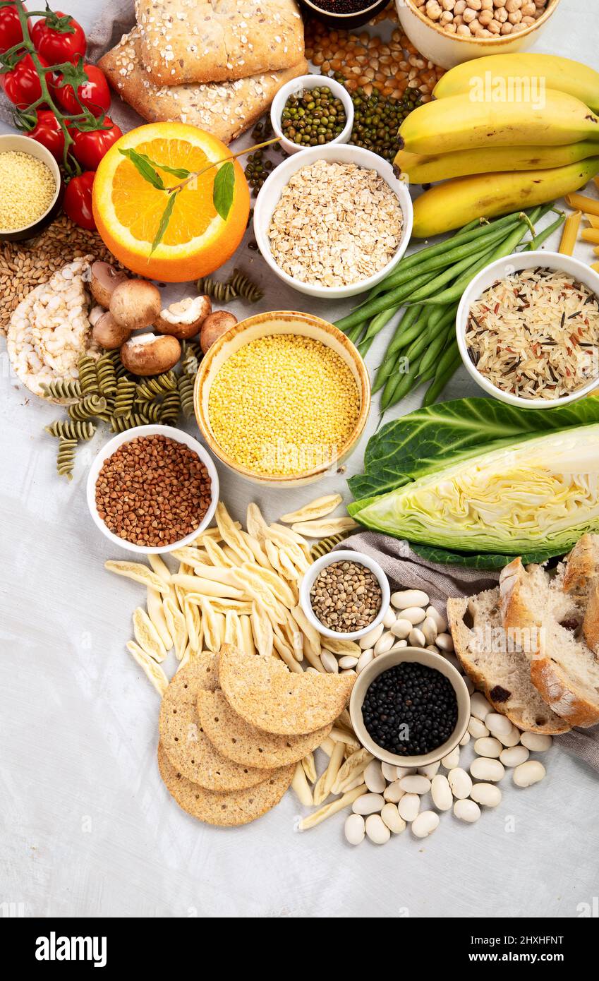 Selection of good carbohydrates sources vegetables, fruits, grains