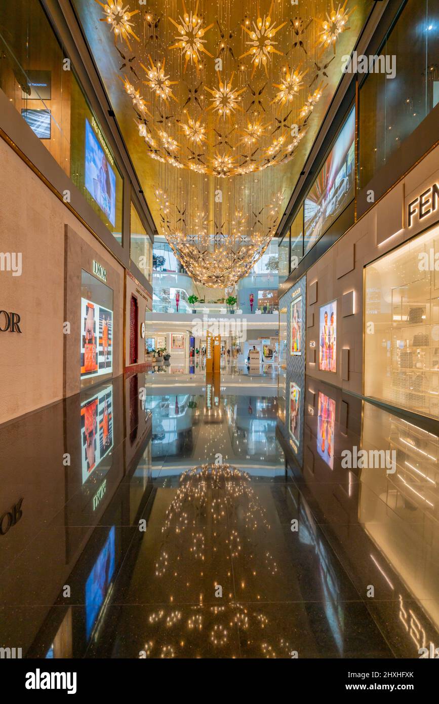 Bangkok, Thailand March 10, 2022 Beautiful art of lighting and chandelier at the hallway of