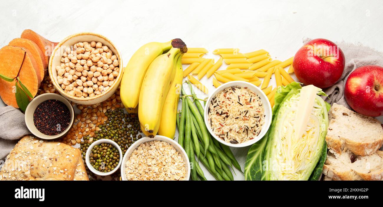 Selection of good carbohydrates sources vegetables, fruits, grains