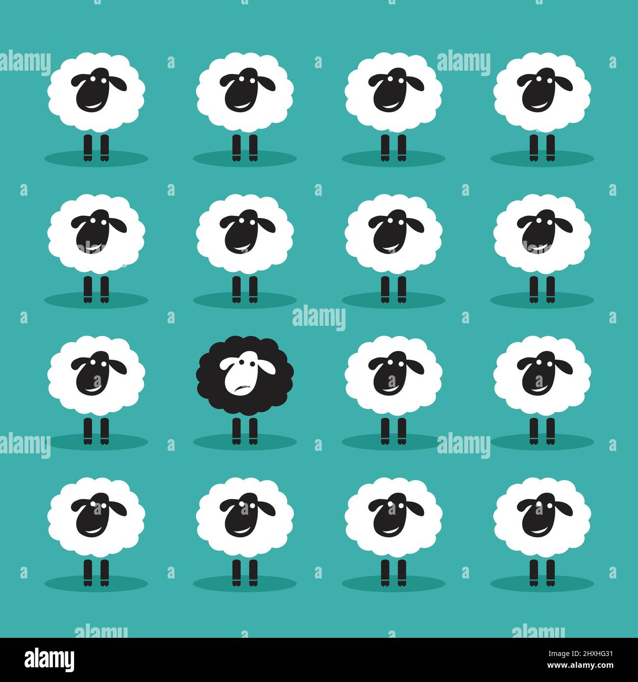 Vector of single black sheep in white sheep group. Animal. Dissimilar