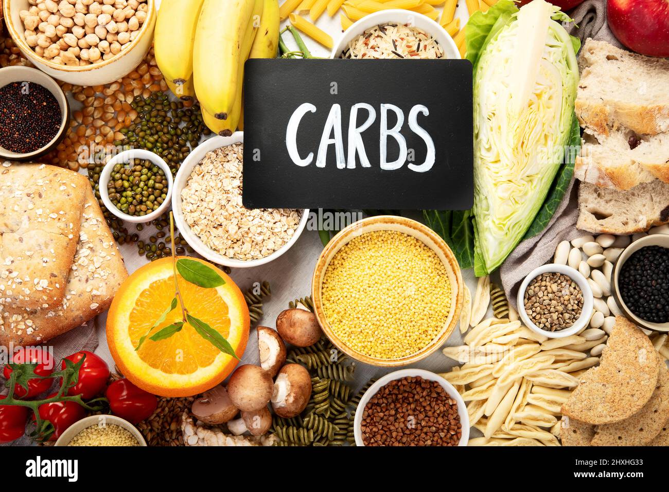Selection of good carbohydrates sources vegetables, fruits, grains