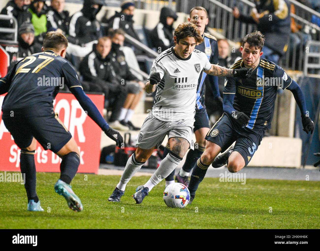 Chester, Pennsylvania, USA. 12th Mar, 2022. March 12, 2022, Chester PA- Philadelphia Union player, KAI WAGNER (27) and LEON FLACH (31) fight for the ball with JAVIER LOPEZ (9) of the San Jose Earthquakes during the match at Subaru Park (Credit Image: © Ricky Fitchett/ZUMA Press Wire) Stock Photo