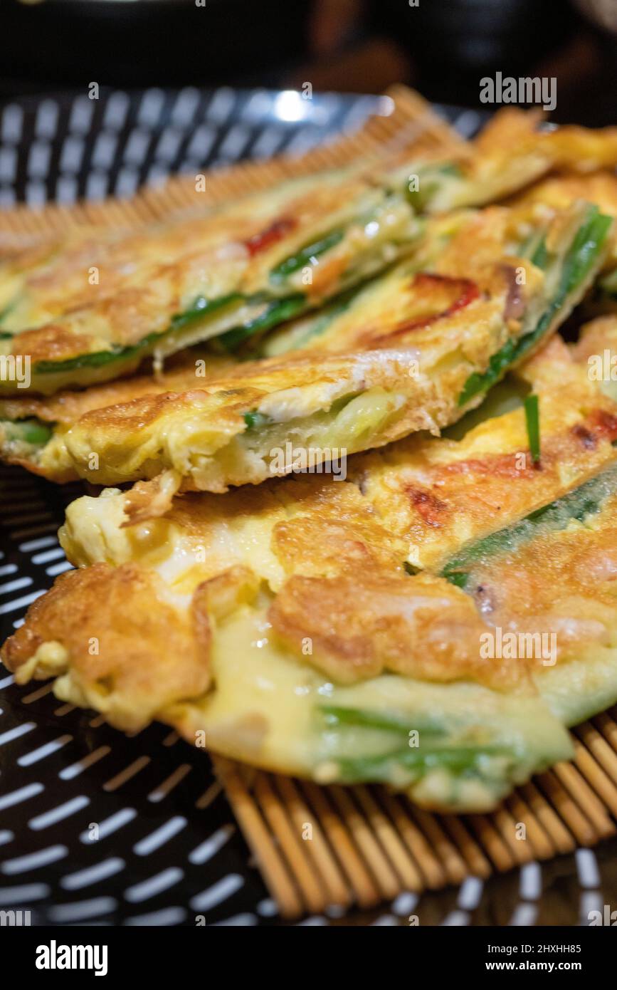 korean seafood pancake, closeup shot. Stock Photo