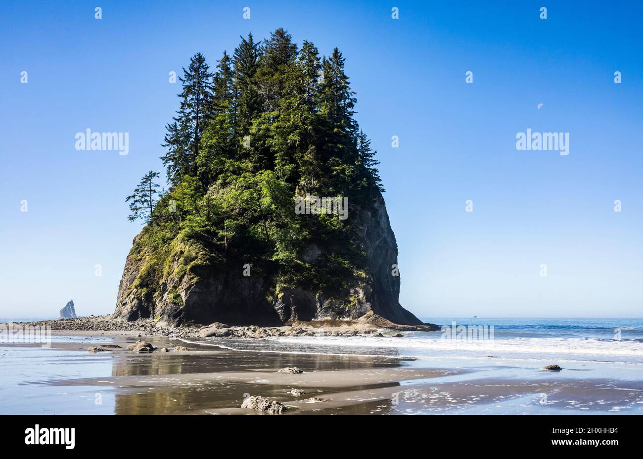 Rock pinacles and offshore seastack island in the Olympic National Marine preserve and Olympic National Park coastal strip, Washington, USA. Stock Photo