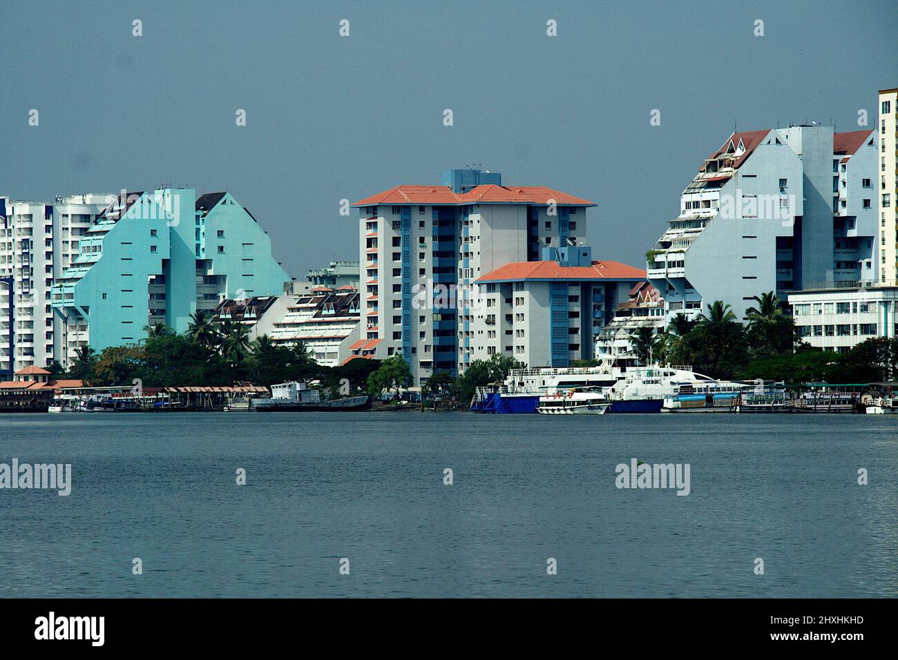 View of modern buildings along shoreline at Kochi in Kerala, India, Asia Stock Photo