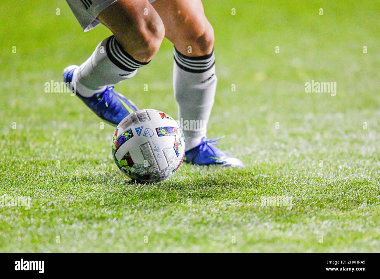 Chester, PA USA, 12 March 2022 - A San Jose player dribbles as the Philadelphia Union defeat the San Jose Earthquakes 2 - 0 during a Major League Soccer MLS professional soccer game Stock Photo
