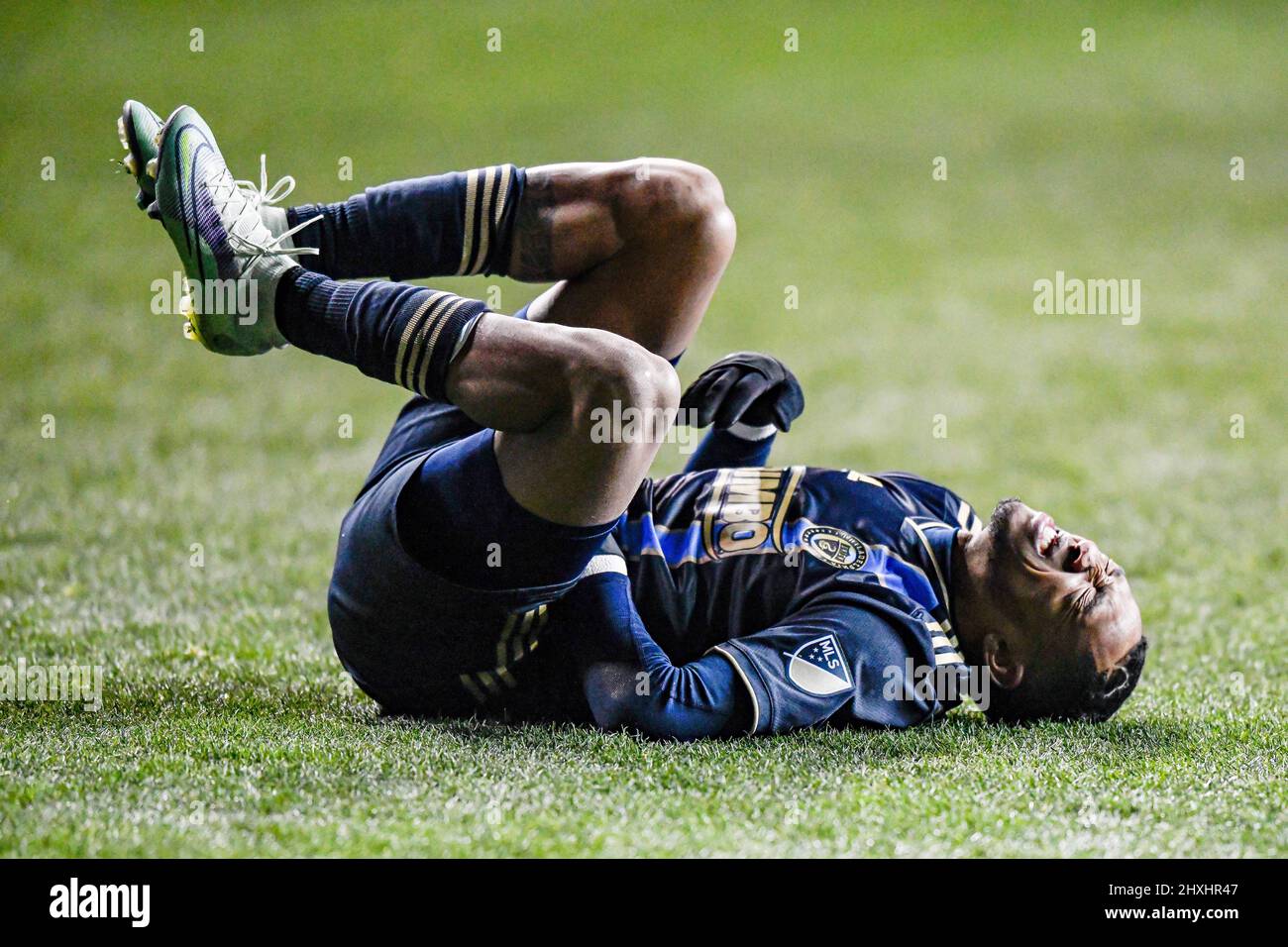 Chester, PA USA, 12 March 2022 - Midfielder Jose Martinez is fouled as the Philadelphia Union defeat the San Jose Earthquakes 2 - 0 during a Major League Soccer MLS professional soccer game Stock Photo