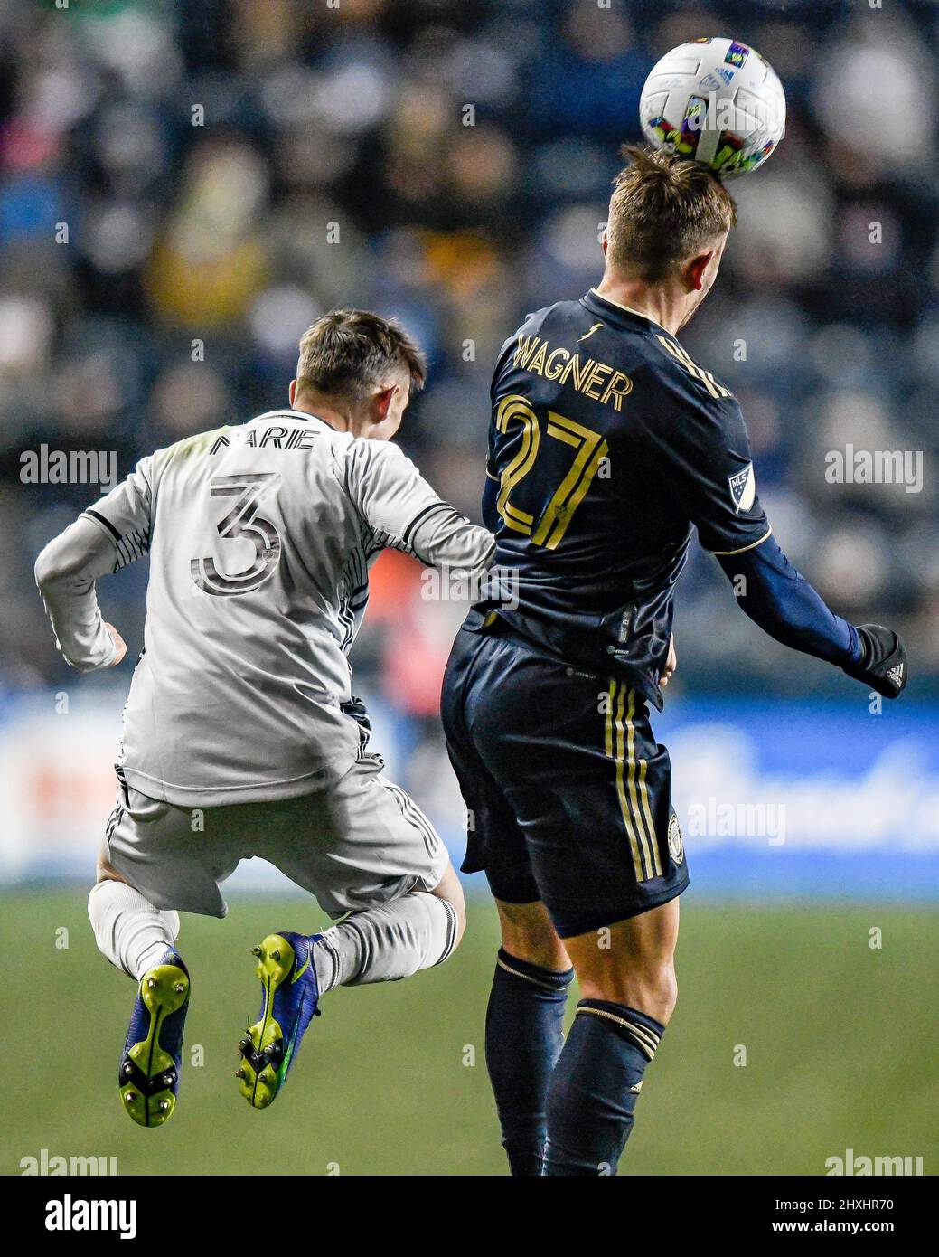 Chester, PA USA, 12 March 2022 - Defender Kai Wagner wins a header as the Philadelphia Union defeat the San Jose Earthquakes 2 - 0 during a Major League Soccer MLS professional soccer game Stock Photo