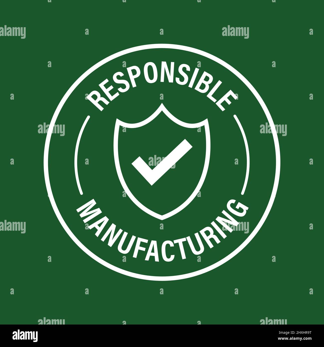 responsible manufacturing vector icon with shield and tick mark. white in color, Stock Vector