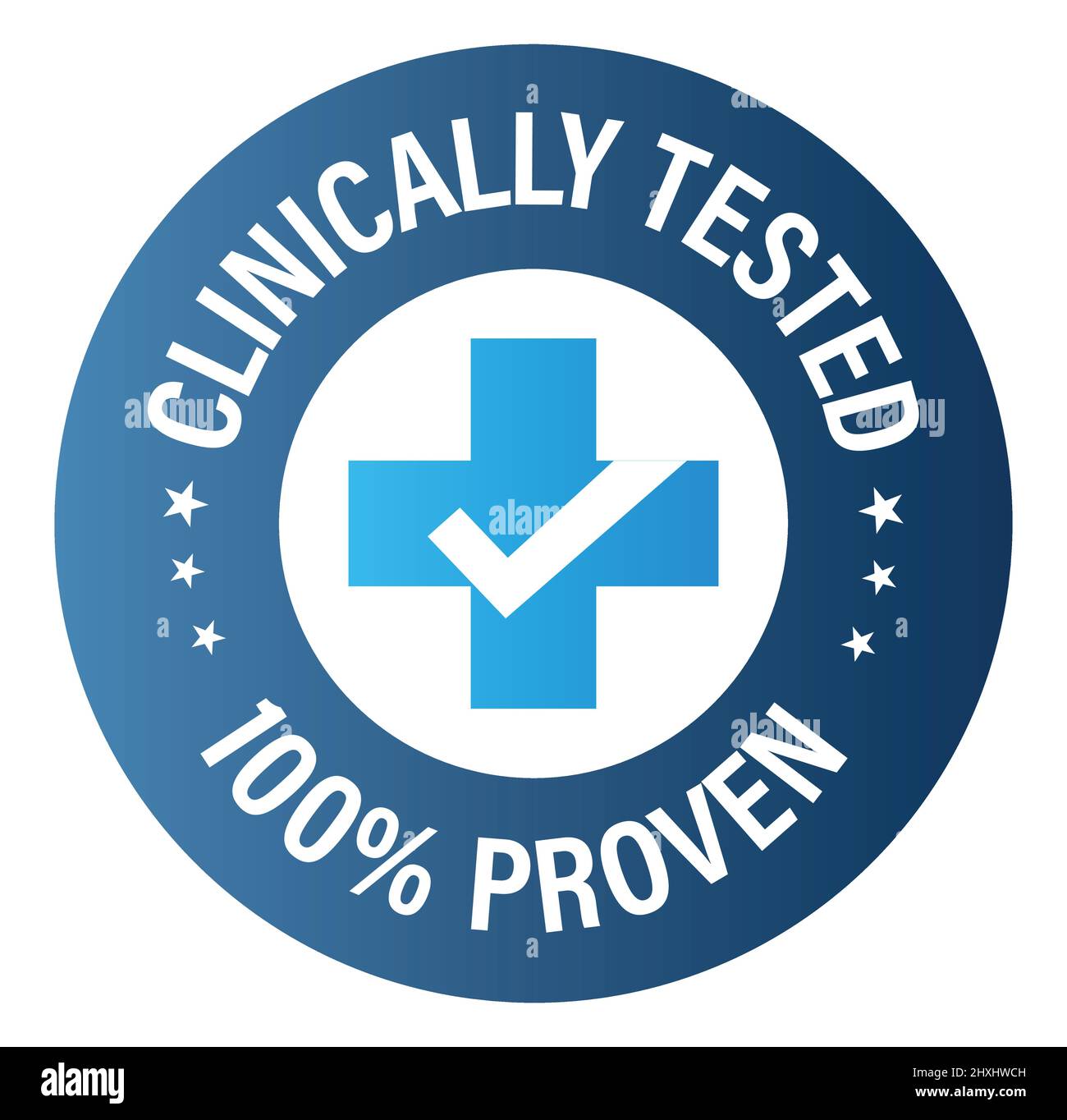 'clinically tested, 100 proven' vector icon with cross and tick mark, blue in color Stock