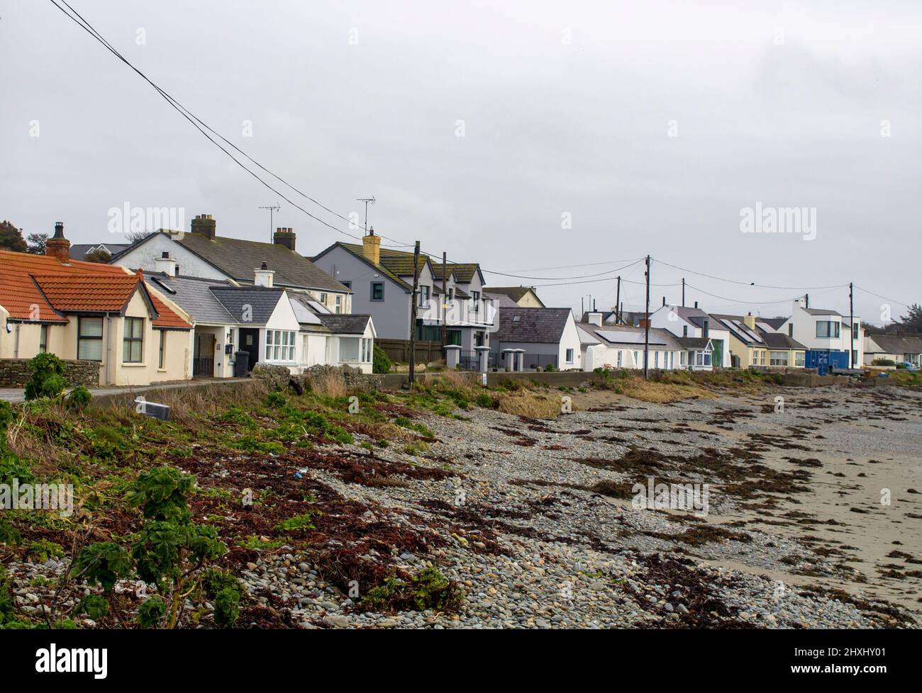 10 March 2022 Irish Sea front properties overlooking the beach in a private cove at Coney Island in County Down in Northern Ireland on dull Spring mor Stock Photo