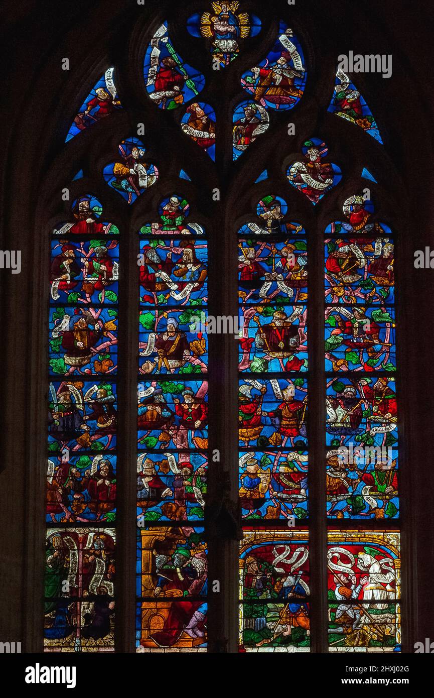 This Tree of Jesse, showing the genealogical descent of Christ from the father of King David, was installed in 1512 in the Église Saint-Rémi at Ceffonds, a village in the Champagne region of France.  The window is a fine example of the Troyenne style of painted glass perfected at Troyes, the historic regional capital. Stock Photo