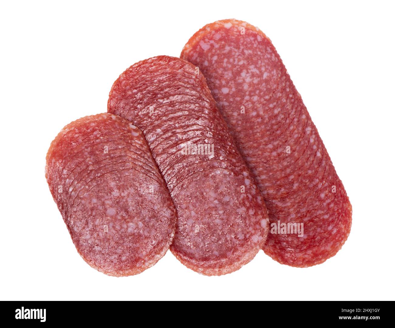 Sliced smoked salami sausage isolated on white background Stock Photo